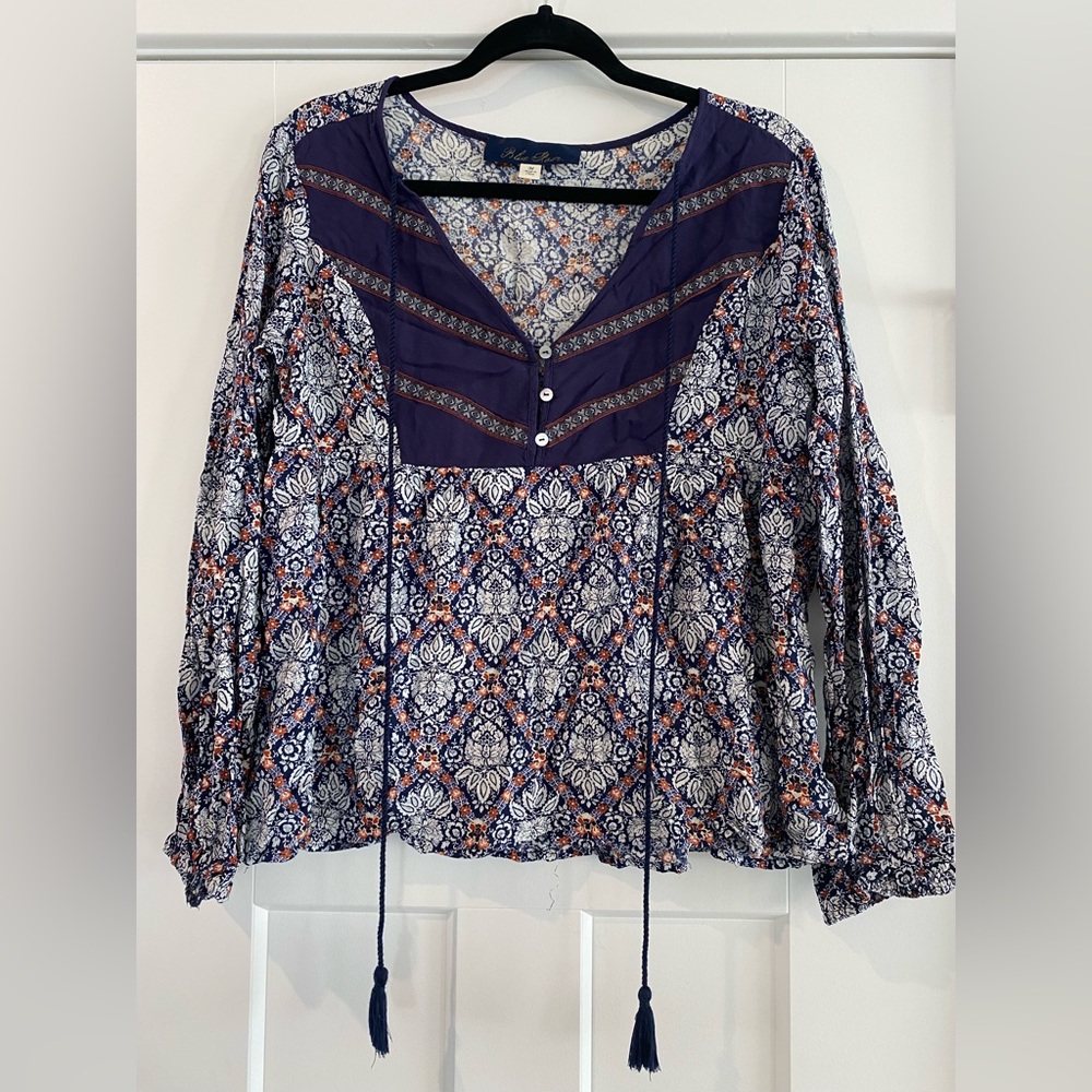 Navy, Orange, Cream Patterned Long Sleeve Top